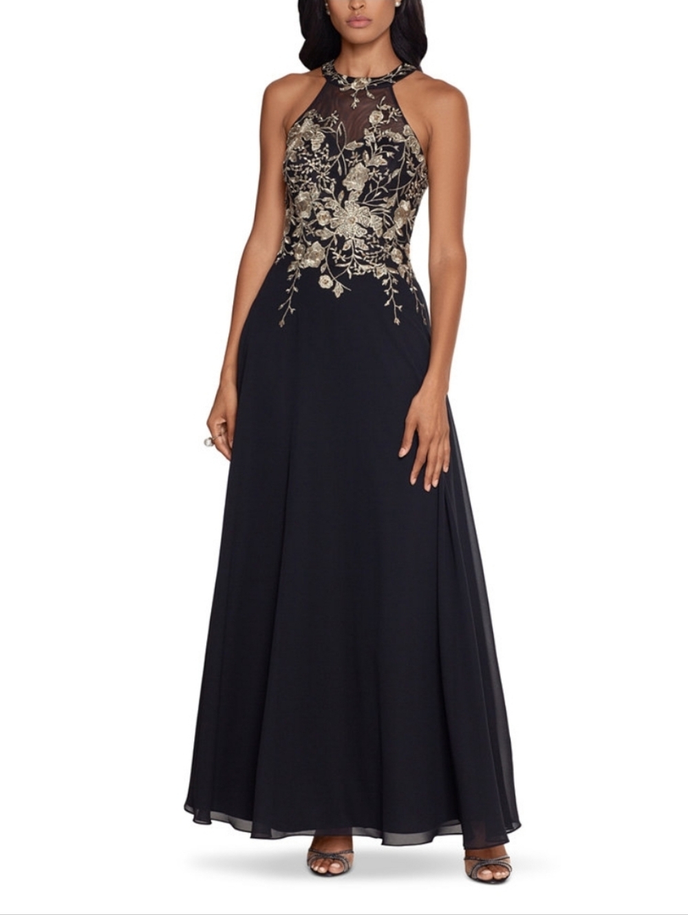 Betsy & Adam Embellished Chiffon Illusion Gown